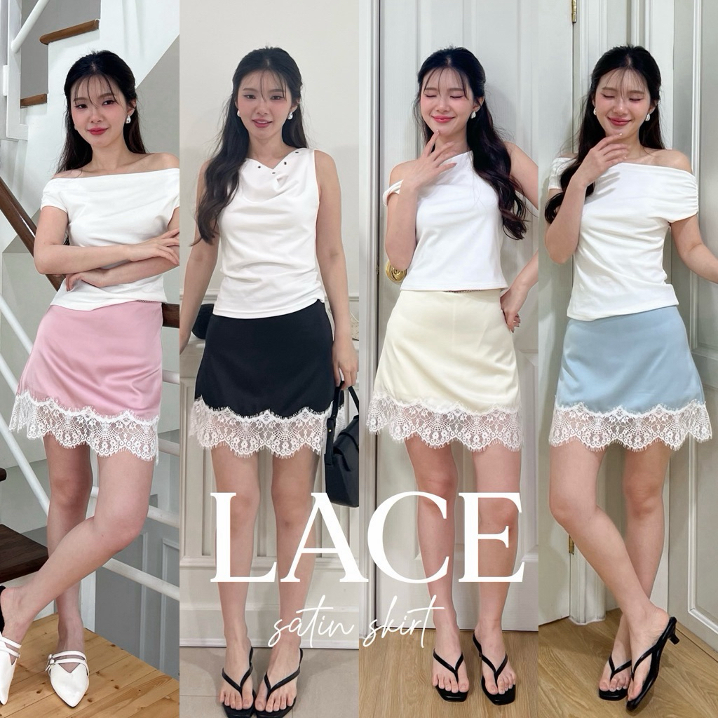 SHOP.POPO-Lace satin skirt กระโปรงสั้นผ้าซาตินชายลูกไม้ มีซับกางเกง