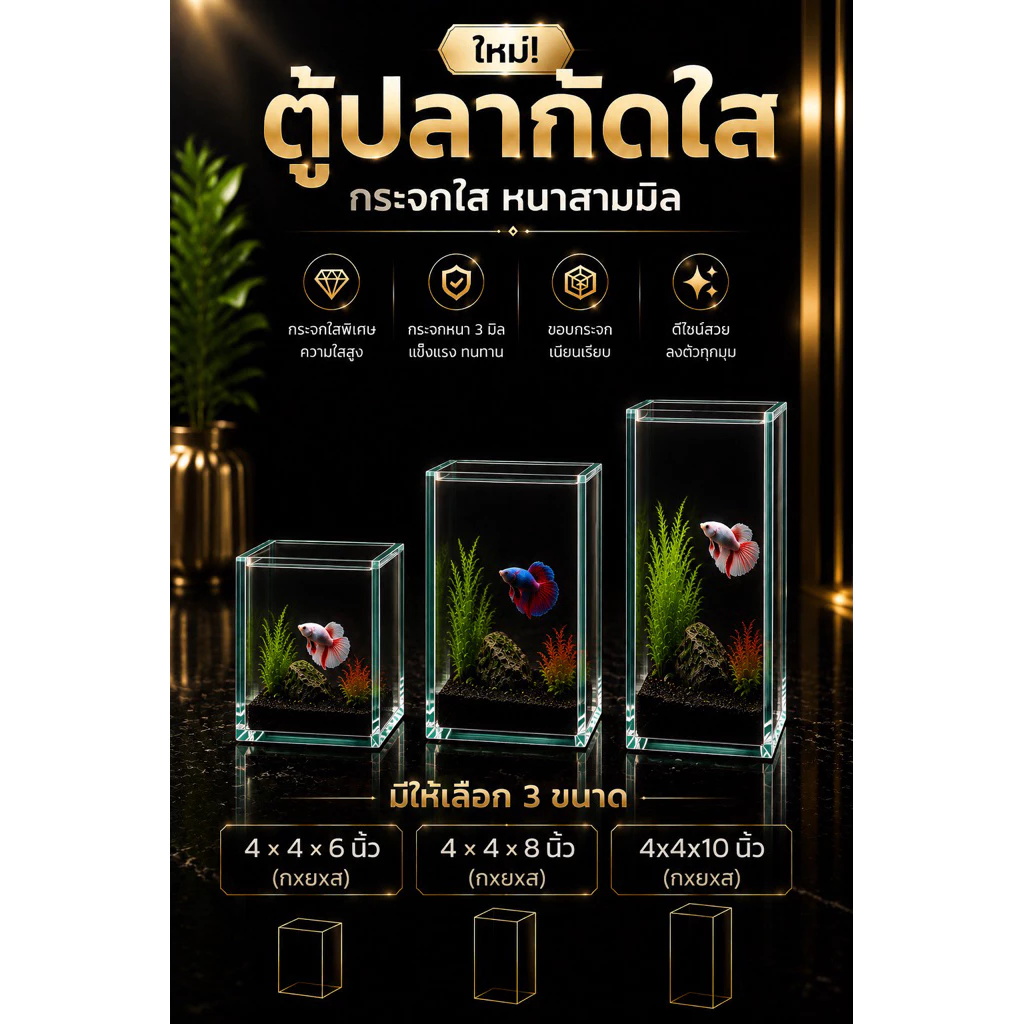 โหลเลี้ยงปลากัด ขนาด 4×4×8 นิ้ว 4x4x6 นิ้ว 4x4x10 นิ้ว กระจกหนา 3 มม.
