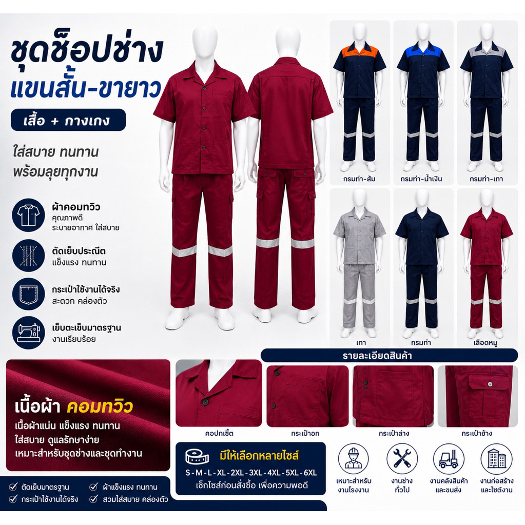 ชุดทำงาน 3 กระเป๋า (เสื้อแขนสั้นรุ่น3กระเป๋า+กางเกงขายาว2กระเป๋า)