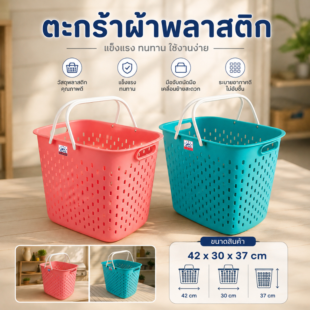 WR ตะกร้าผ้า ตะกร้าพลาสติก ตะกร้าแม่บ้าน สำหรับใส่เสื้อผ้า พลาสติกเกรด A แข็งแรง ทนทาน