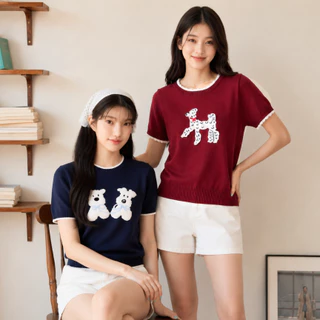 Glucoat | [A879/A941/A945] เสื้อนิตติ้งไหมพรมสีเบจ/สีแดง/สีกรม ปักลาย ชายเสื้อจั๊มเอว