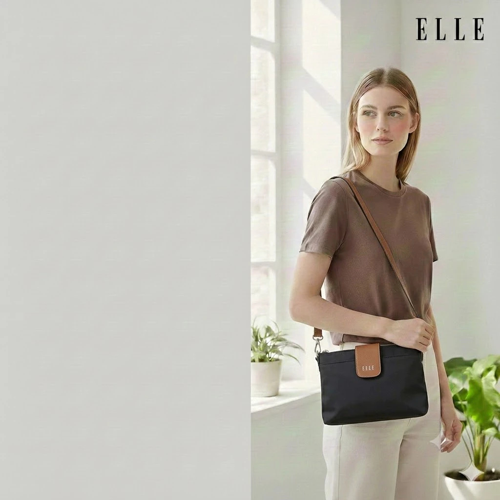 ELLE حقيبة كروس عسكرية نايلون بحواف جلد طبيعي — صورة 2