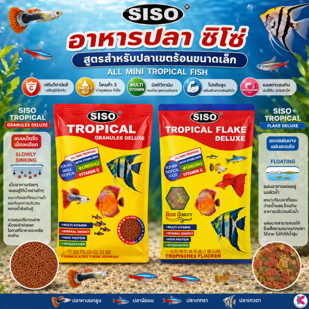 SISO Tropical Deluxe อาหารปลาเขตร้อนขนาดเล็ก มี 2 สูตร: เม็ดจิ๋วจมช้า20g ,แผ่นบางลอยน้ำ6g