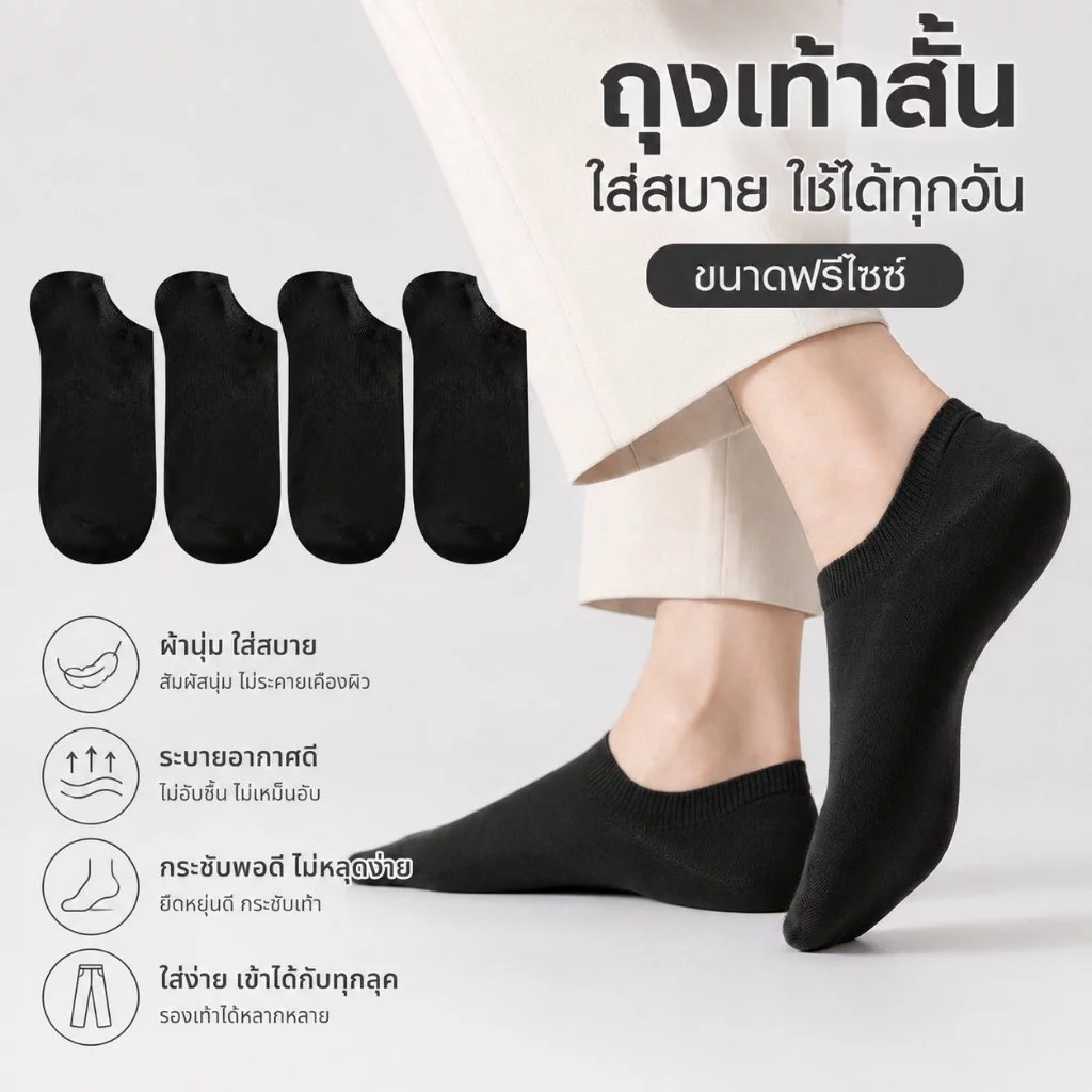 ถุงเท้าข้อสั้น ถุงเท้าซ่อน รุ่นใส่สบาย ผ้านุ่ม ระบายอากาศดี กระชับเท้า ไม่หลุดง่าย Unisex ใส่ได้ทุกวัน