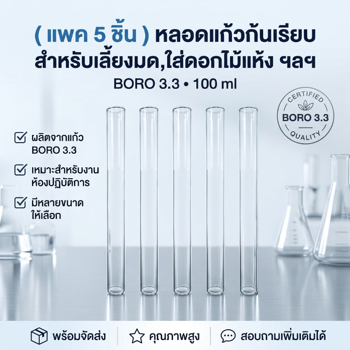 (แพค 5 ชิ้น ) หลอดแก้วก้นเรียบ  สำหรับเลี้ยงมด,ใส่ดอกไม้แห้ง ฯลฯ