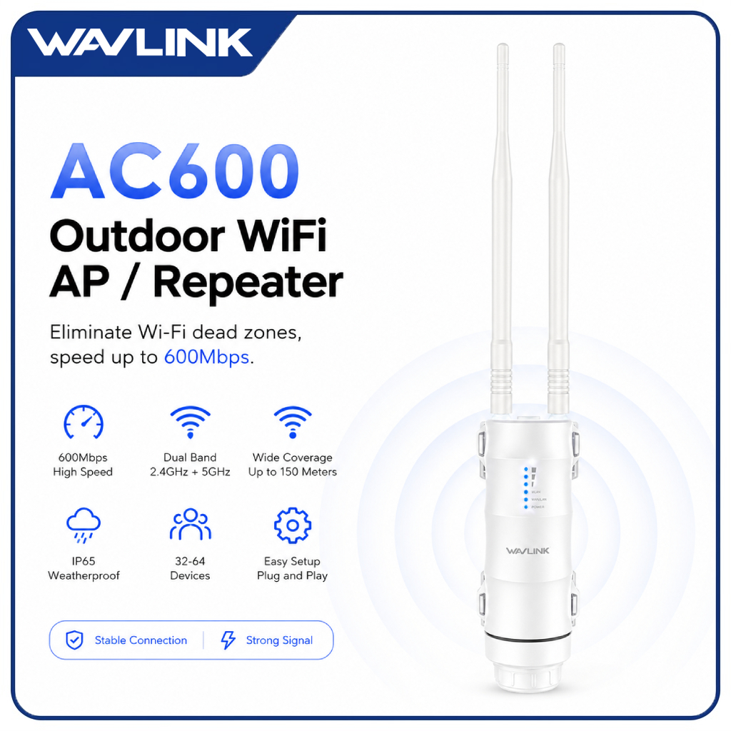 WAVLINK AC600 ตัวขยายสัญญาณ WiFi กลางแจ้ง ดูอัลแบนด์ ระยะไกล