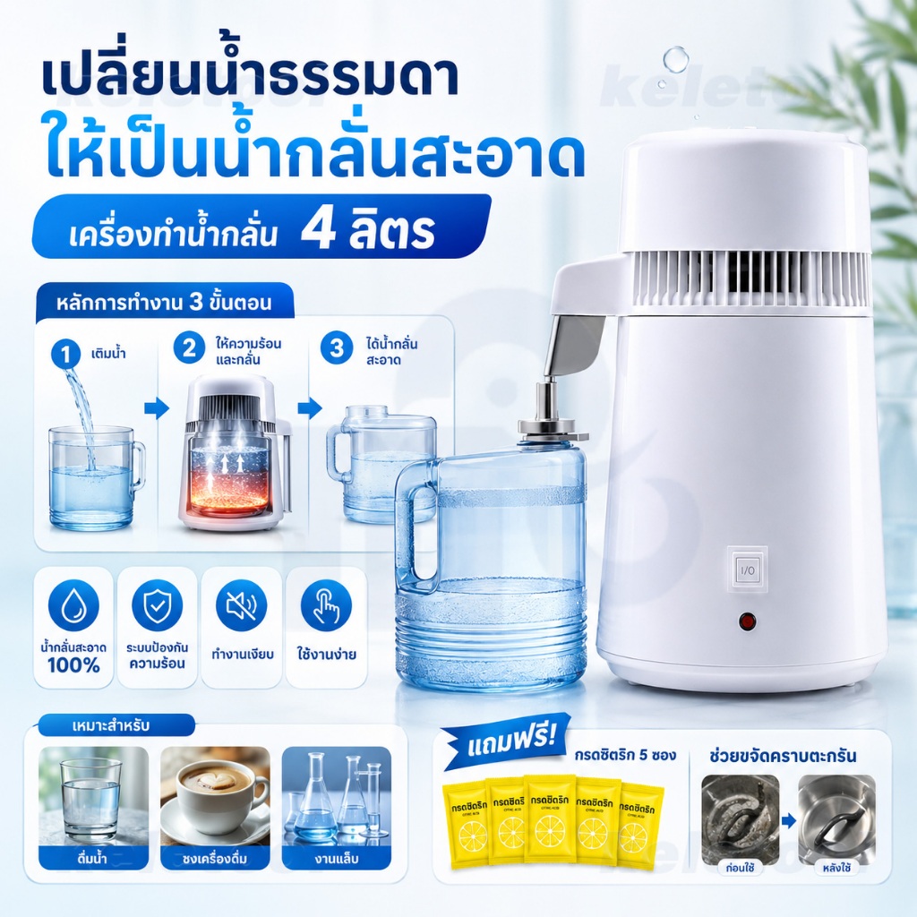 4 ลิตร 750 วัตต์เครื่องกลั่นน้ำ  ผลิตน้ำบริสุทธิ์ ระบบตัดไฟอัตโนมัติ สำหรับบ้าน ใบสมัคร  โรงพยาบาลช่องปาก ห้องปฏิบัติการ