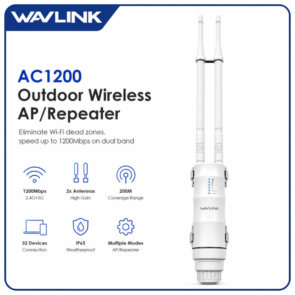 WAVLINK AC1200 ตัวขยายสัญญาณ WiFi กลางแจ้ง ดูอัลแบนด์ ระยะไกล รองรับ PoE แบบ Active/Passive