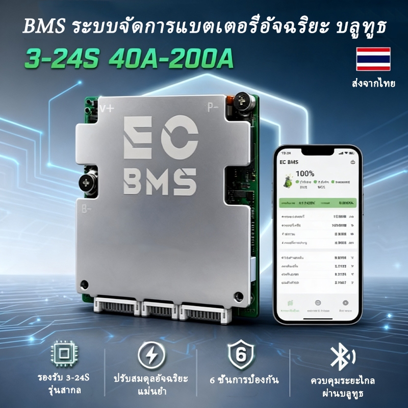 สมาร์ท BMS บลูทูธในตัว 40A–200A 4S–8S 7S-24S Li-ion / LiFePO4 / LTO แบตเตอรี่หลายสาย BMS