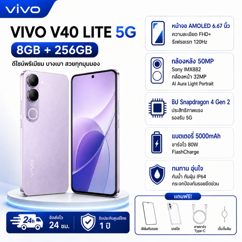 vivo V40 Lite 5G แรม 8GB รอม 256GB จอ AMOLED 6.67 นิ้ว 120Hz Snapdragon 4 Gen 2 กล้อง 50MP แบต 5000mAh ชาร์จไว 80W NFC