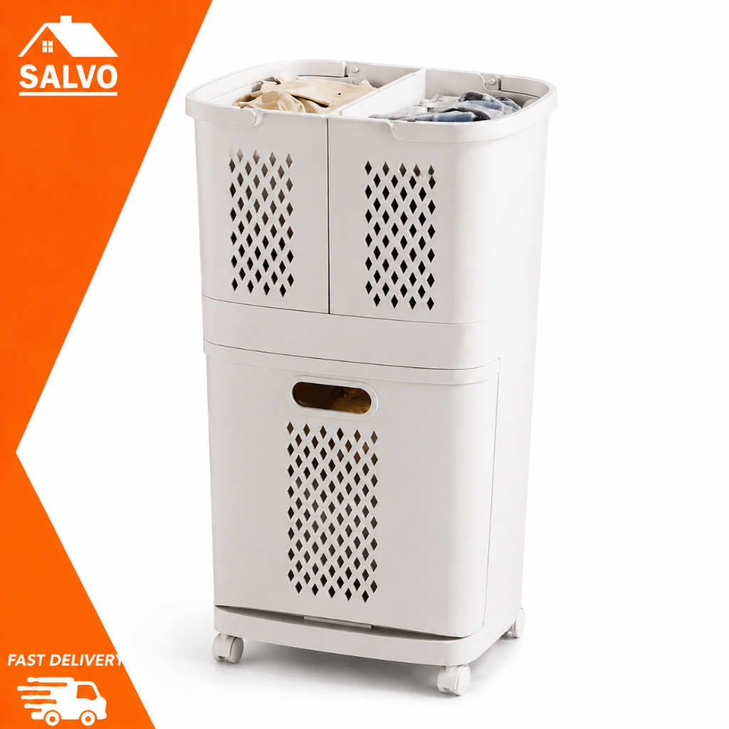 SALVO ตะกร้าผ้าอเนกประสงค์ ปรับองศา มีล้อ ตะกร้าใส่ผ้า 2 3 4 ชั้น สีขาว แข็งแรงทนทาน