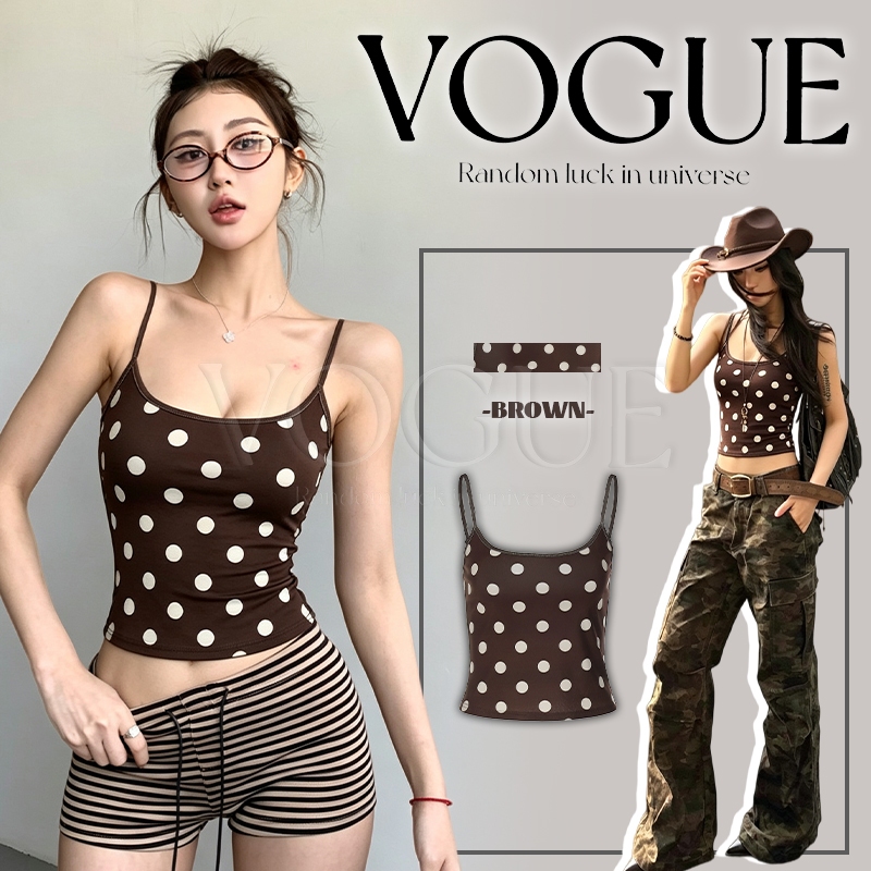 Vogue🌟พร้อมส่ง🌟 เสื้อครอปสายเดี่ยวสีน้ำตาลลายจุด ทรงเข้ารูปผ้าบางไม่ร้อน ใส้ได้ทุกวัน (FY5250)