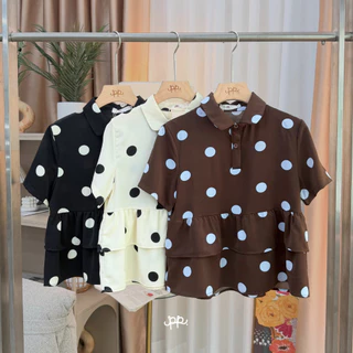 POI Polka Pop เสื้อผ้าเจลลี่คอปกแขนสั้นแต่งชายระบาย มี 3 สี ครีม ดำ น้ำตาล L040I6