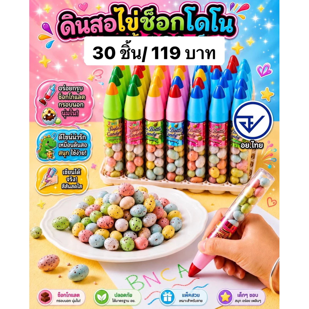ช็อกโกแลตไข่ไดโนดินสอ30ชิ้น อย.ไทย ดินสอไข่ไดโนเสาร์ช็อกโกแลต พร้อมส่ง