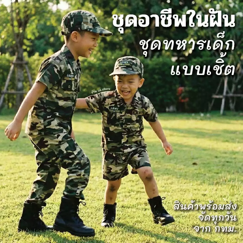 ชุดทหารเด็ก แบบเชิ้ต กางเกง และ หมวก สินค้าพร้อมส่งทุกวันจาก กทม.