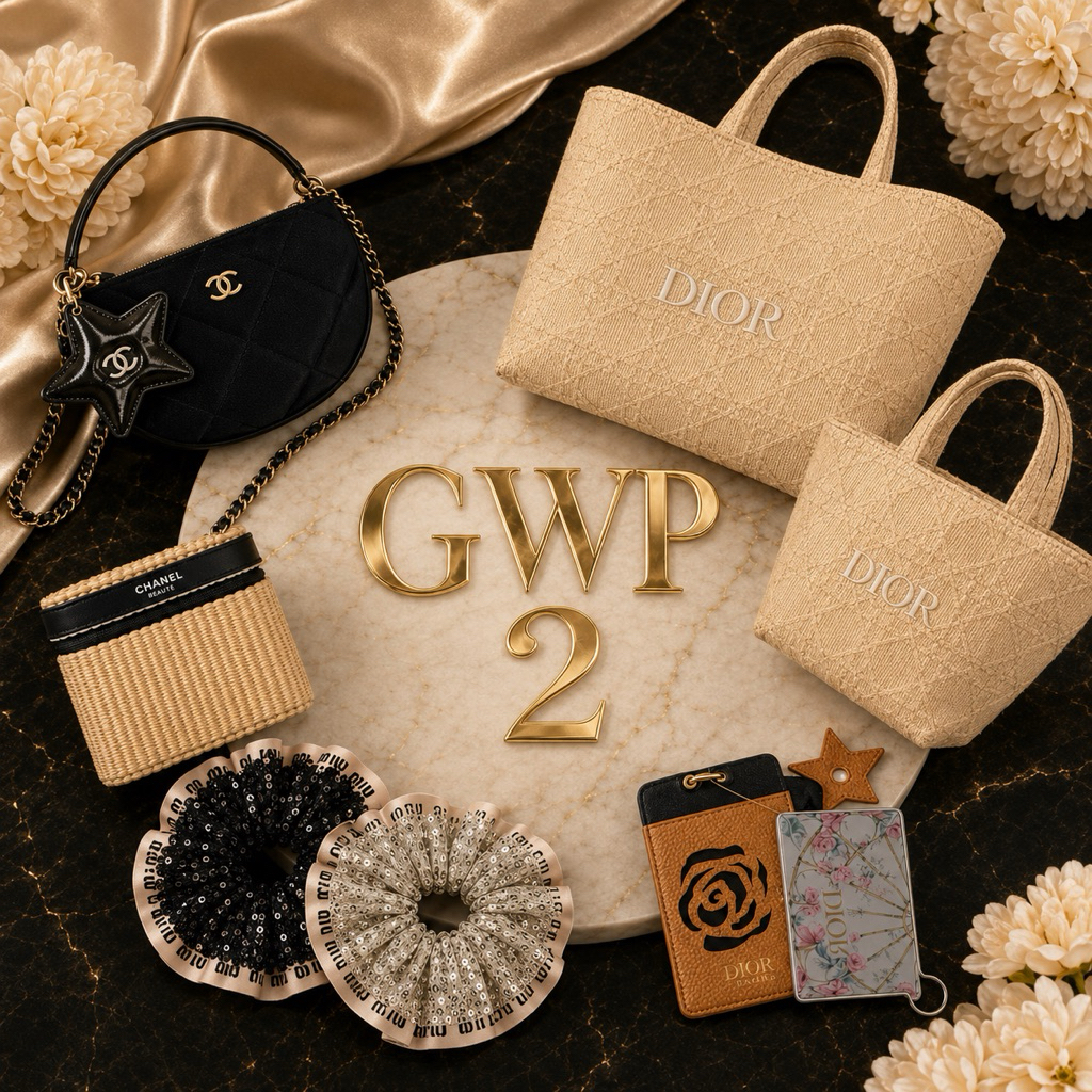 GWP 2 เซตของขวัญแบรนด์หรู กระเป๋าแฟชั่น กระจก พวงกุญแจ ยางรัดผม และกระเป๋าสาน ของมีจำนวนจำกัด!