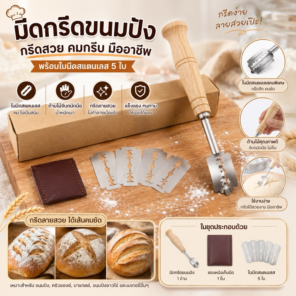 มีดกรีดขนมปัง ด้ามไม้ พร้อมใบมีด 5 ใบ