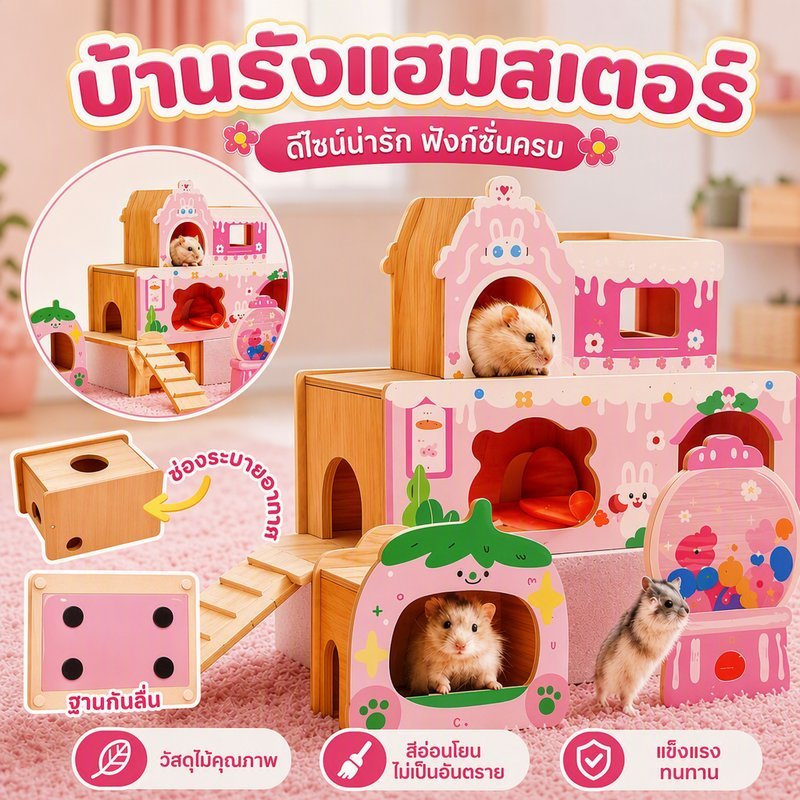 บ้านหนูแฮมสเตอร์ ชุดของเล่นไม้ Sweet Series กรงตกแต่ง ปีนป่าย ซ่อนตัว บดฟัน