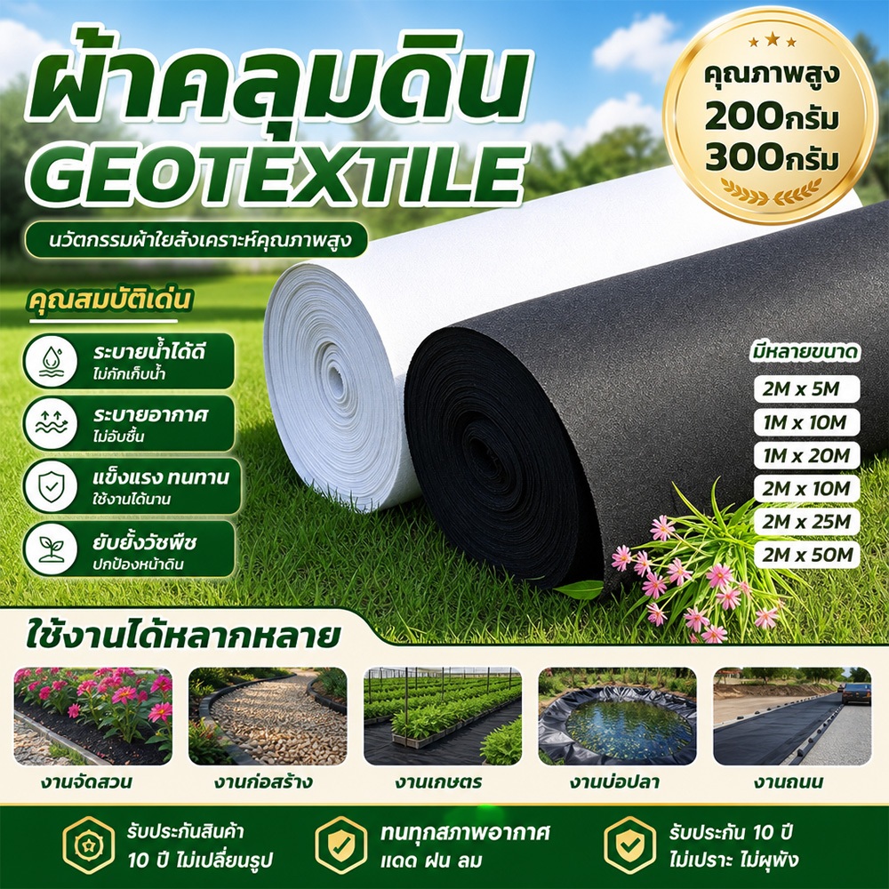 แผ่นปูดิน Geotextile แผ่นปูหิน สีดำ สีขาว 2×5 2×10M ใยสังเคราะห์แบบ Non Woven - สำหรับงานจัดสวน แผ่นรองจัดสวนปู