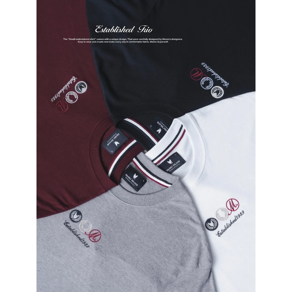 MeMo™ | NEW | Established Trio เสื้องานปักนูน โลโก้ ไหมเงา ผ้า Supersoft แขนสั้น ทรง Unisex
