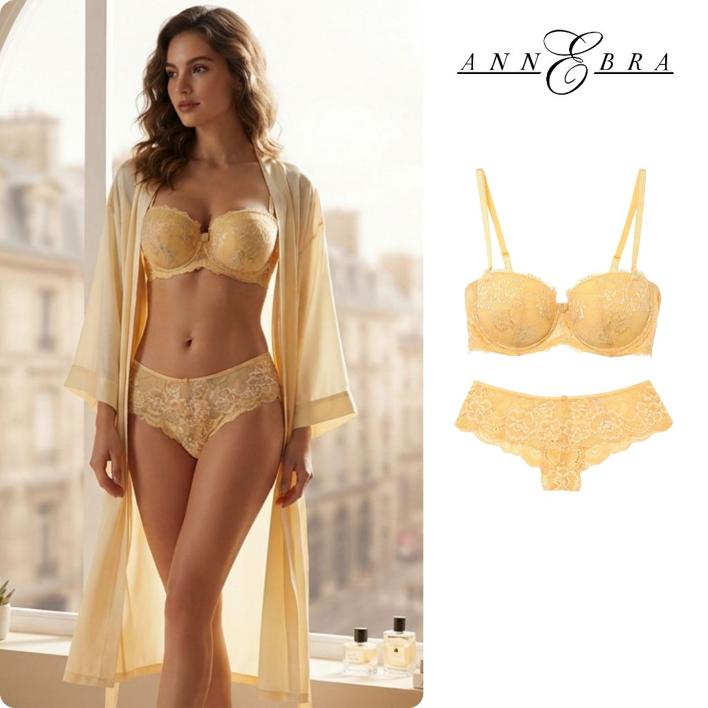 Annebra เซตบรา+กกน. บราเสริมทรง ตะขอหลัง มีโครง มีฟองน้ำ Push Up Bra+Panty SET รุ่น AB1-555/AU3-825 Yellow