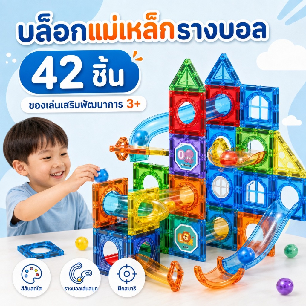 KiKi บล็อกแม่เหล็กรางบอล 42 ชิ้น Magnetic Tiles 3D ชุดตัวต่อรางลูกบอล ของเล่นเสริมทักษะ STEM เด็ก 3+