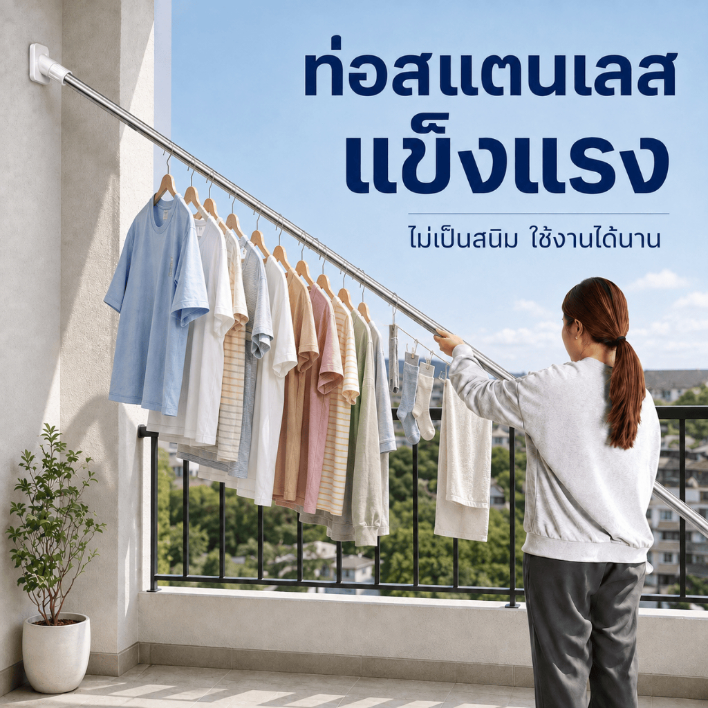 ราวตากผ้าไม่ต้องเจาะ ราวแขวนผ้ายืดหดได้ 50-240 ซม. สแตนเลส กันสนิม กันลื่น ติดตั้งง่าย ใช้ในห้องน้ำ ระเบียง