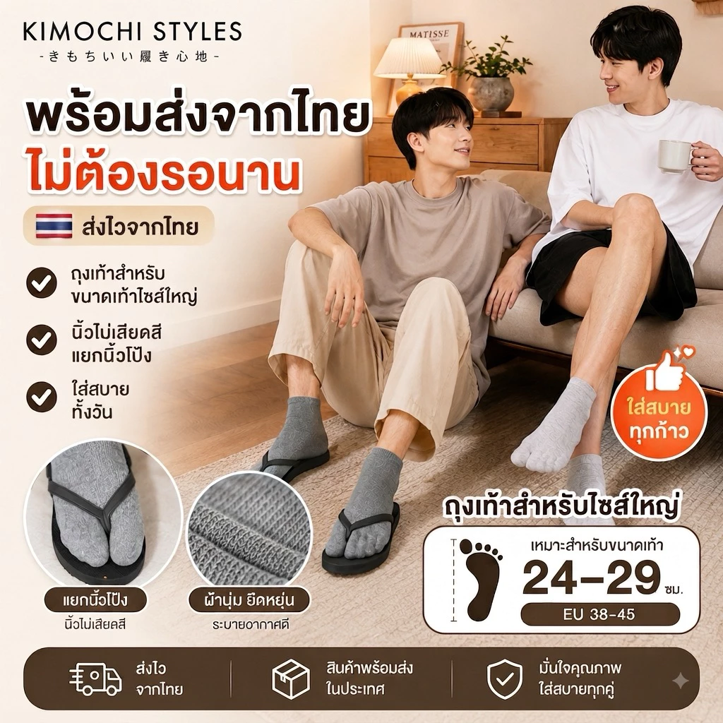 ถุงเท้าแยกนิ้วโป้ง 2นิ้ว ผู้ชาย สำหรับใส่รองเท้าหนีบ ทาบิ พร้อมส่งในไทย ระบายอากาศดี ใส่บาย สไตล์ญี่ปุ่น