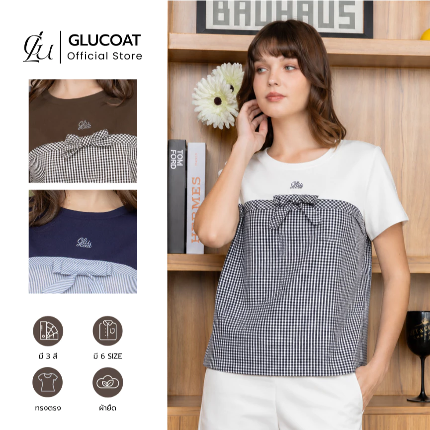 Glucoat | [A397/A805/A806] เสื้อยืดแขนสั้นคอกลม กลางอกปัก glucoat แต่งลาย พร้อมเข็มกลัดโบว์