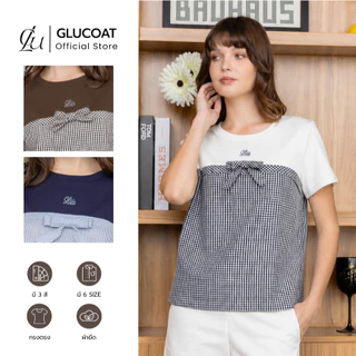 Glucoat | [A397/A805/A806] เสื้อยืดแขนสั้นคอกลม กลางอกปัก glucoat แต่งลาย พร้อมเข็มกลัดโบว์