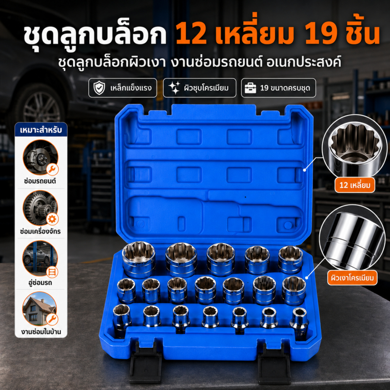 ลูกบล็อก 12 เหลี่ยม ขนาด 8-32 มม. ชุดบล็อก 19 ชิ้น ครบหลายเบอร์ ผิวเงา จัดเก็บสะดวก ใช้ซ่อมรถยนต์และเครื่องจักร