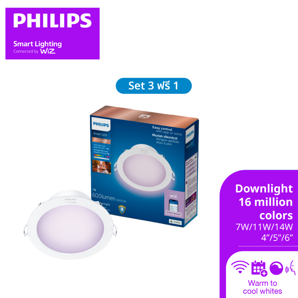 [Set3ฟรี1]Philips Smart Lighting connected by WiZ Downlight 16 ล้านเฉดสี RGB ดาวน์ไลท์ช่องเจาะ 4"-6"