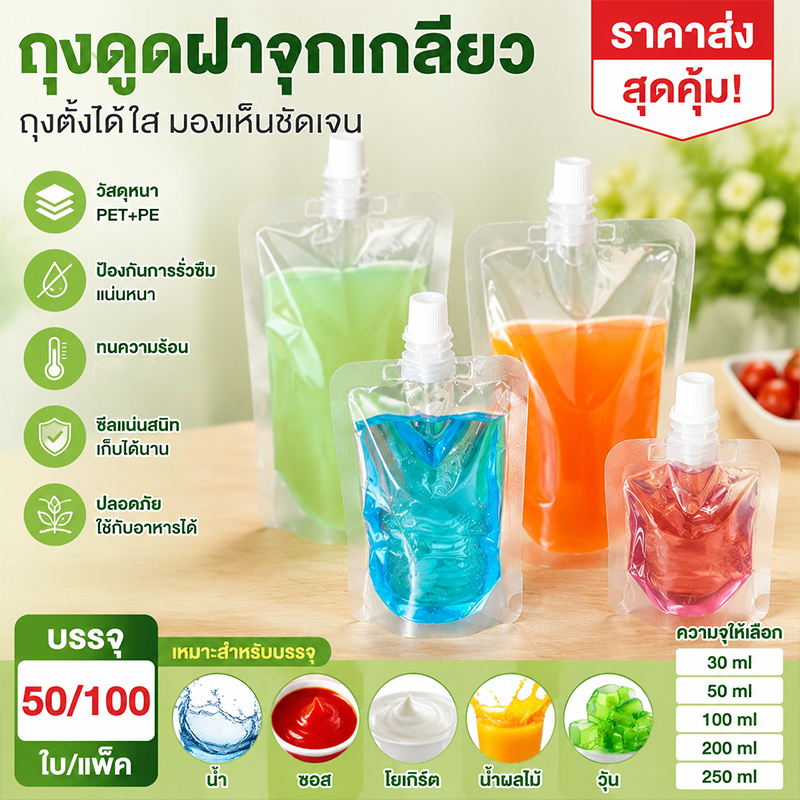 ราคาขายส่ ถุงฝาเกลียวก้นตั้งได้50/100ใบ รุ่นใส PET+PEหนากันรั่ว ทนความร้อนดี การปิดผนึกที่แข็งแรง ใส่น้ำ น้ำจิ้ม เยลลี่