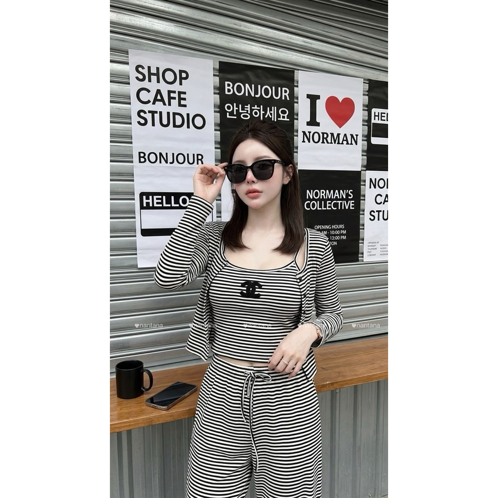 Pz - Set3ชิ้น เสื้อคอปสายเดี่ยวตัวใน ติดคุนชา กางเกงขายาวผ้าลายทางริ้ว ชิล ผ้านุ่มๆ  #Nantana