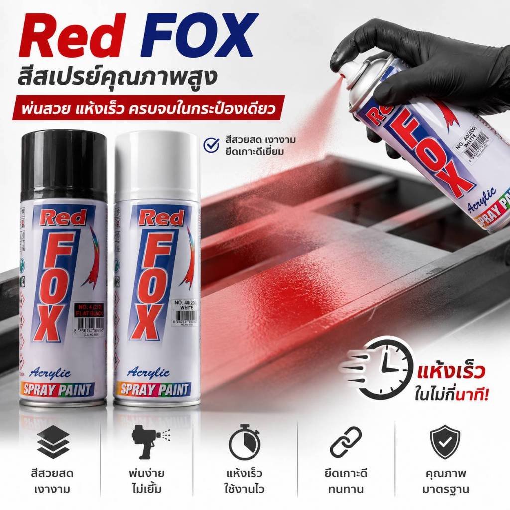 สีสเปรย์ Red FOX สีพ่นอเนกประสงค์ Acrylic Spray Paint สีดำด้าน / สีขาว พ่นง่าย แห้งไว สำหรับงาน DIY