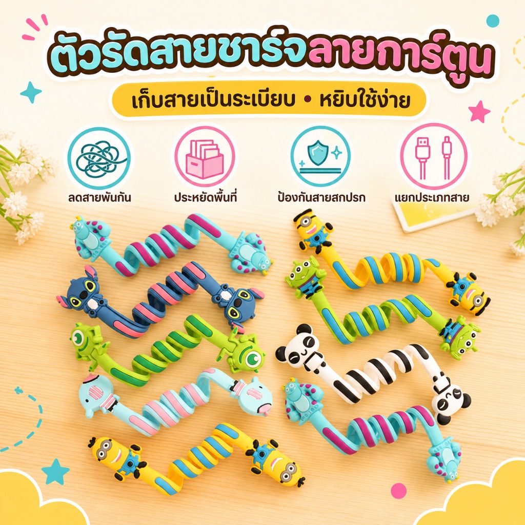 ชุดพันสายชาร์จ หูฟัง ลายการ์ตูน สายชาร์จลายการ์ตูน ชุดถนอมสายชาร์จ