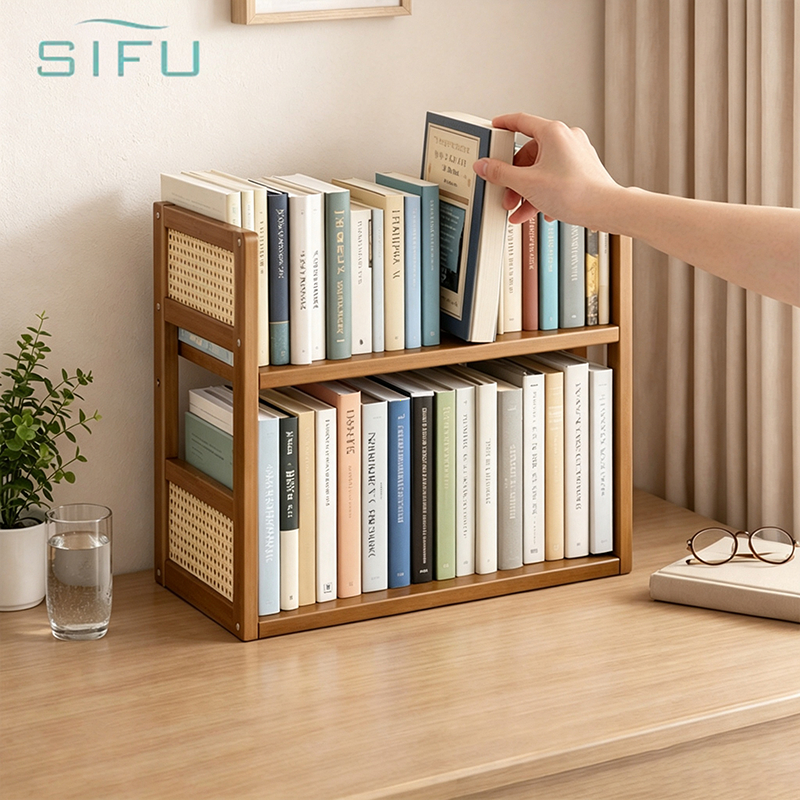 SIFUชั้น 2ชั้นวางเดสก์ท็อป ชั้นวางหนังสือตั้งโต๊ะ พื้นที่เก็บของบนโต๊ะ งานไม้เนื้อแข็ง รับน้ำหนักได้มากปรั บความสูงได้