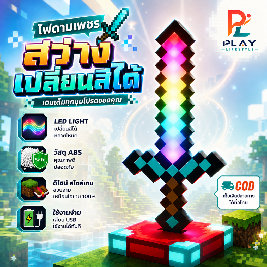 ดาบเพชรเรืองแสง โคมไฟมายคราฟ Diamond Sword 14 สี RGB ชาร์จได้ ของแต่งห้องเกมเมอร์ ของขวัญวันเกิด