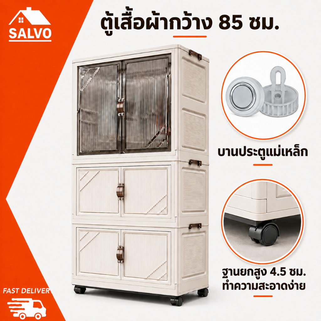 SALVO ตู้เสื้อผ้า 85CM ตู้เก็บของพับได้ อเนกประสงค์ มีล้อ รับน้ำหนัก 200KG