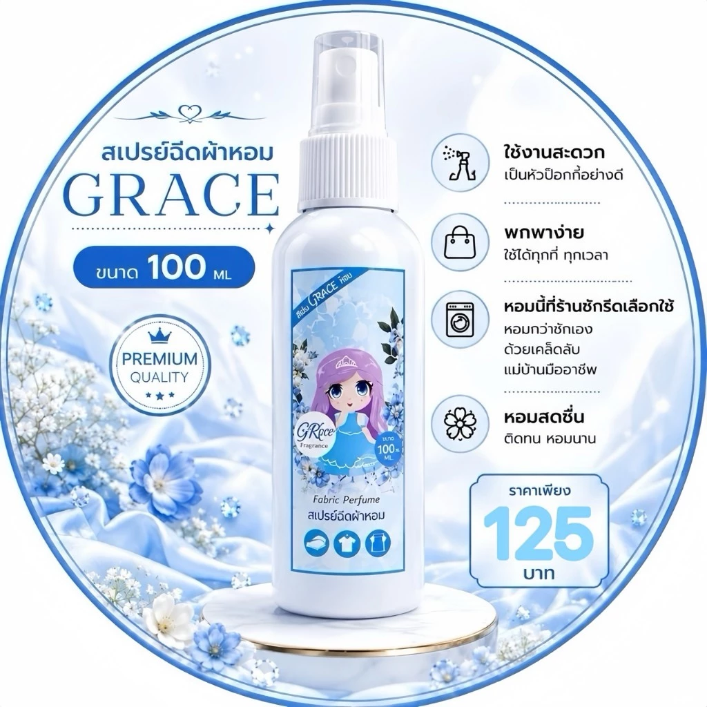 น้ำหอมฉีดผ้าGraceสีฟ้า89บาท.NEW!!!!ขนาพกพาสะดวก-หอมนานปริมาณ100ml.