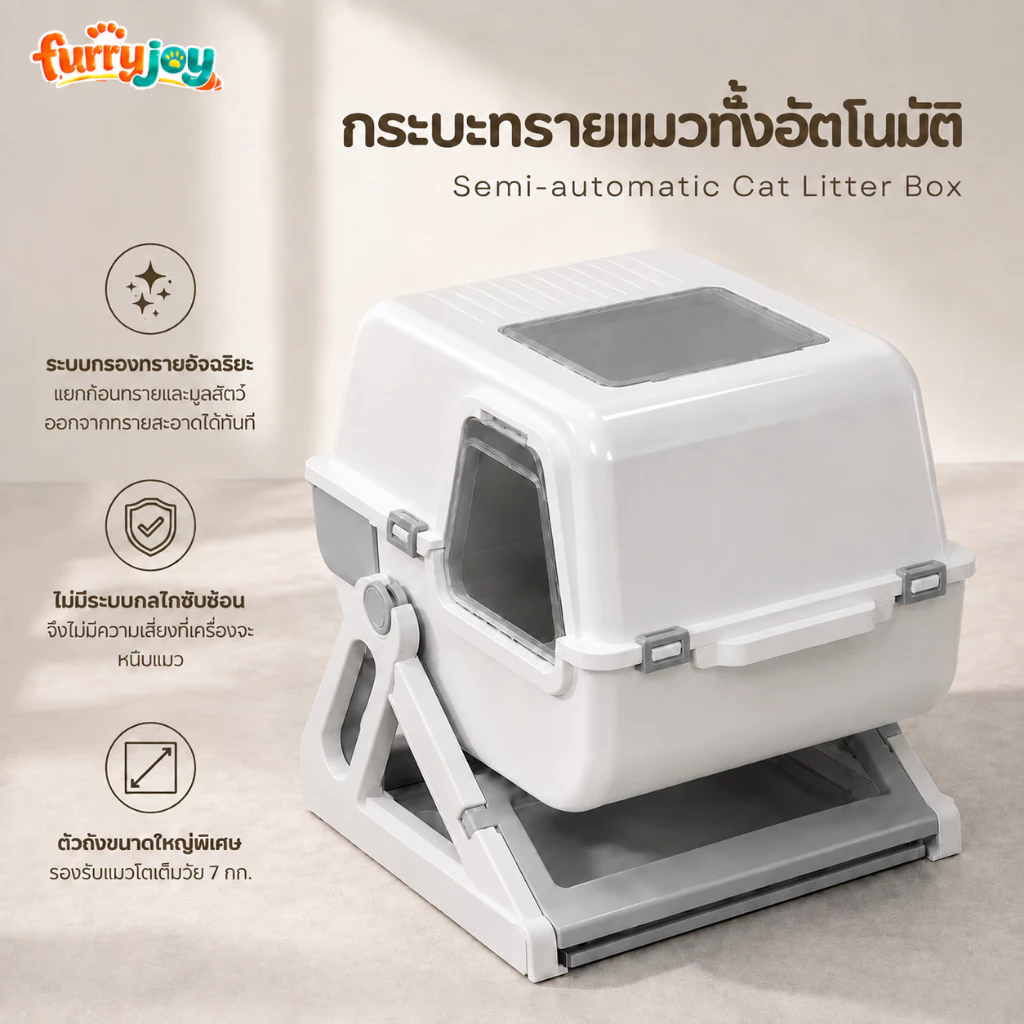 【FurryJoy】กระบะทรายแมว กะบะทรายแมวกึ่งอัตโนมัติ ห้องน้ำแมว ขนาดใหญ่ ไม่ต้องตักทราย เก็บอึง่าย ลดกลิ่น กันทรายกระเด็น รอง