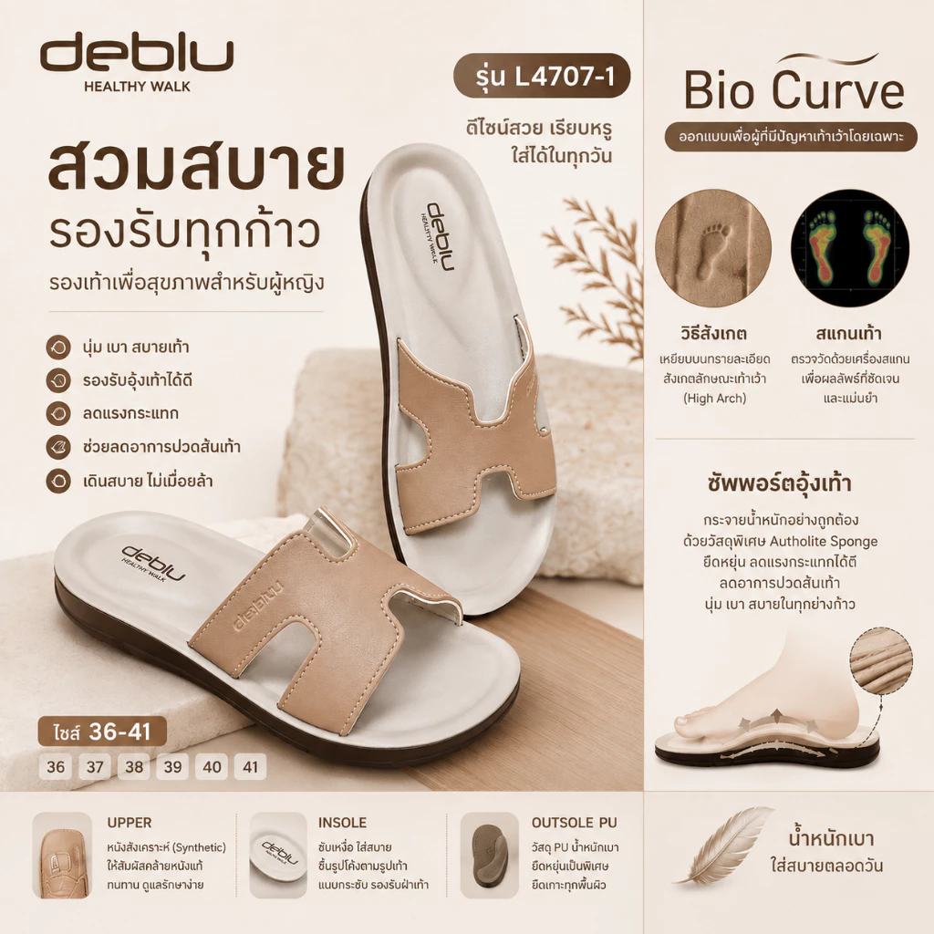 Deblu รองเท้าเพื่อสุขภาพ รุ่น L4707-1 รองเท้าผู้หญิงสวม ( รองเท้าสำหรับเท้าเว้า อุ้งเท้าสูง)