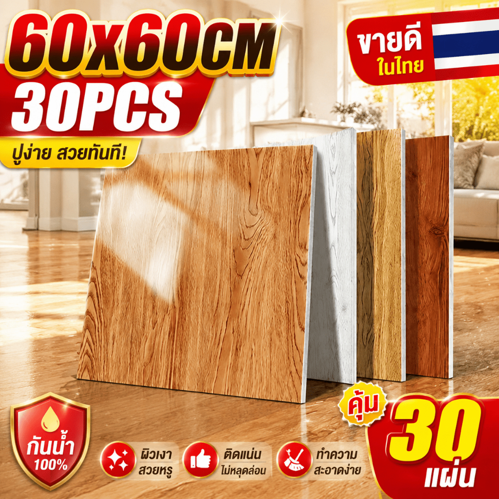 กระเบื้องยาง 50pcs หนา 3มิล กาวในตัว ลายไม้สวยงามเหมือนไม้จริง/ลายหินอ่อน 30*30/45*45/60*60cm ติดตั้งง่ายปูพื้น