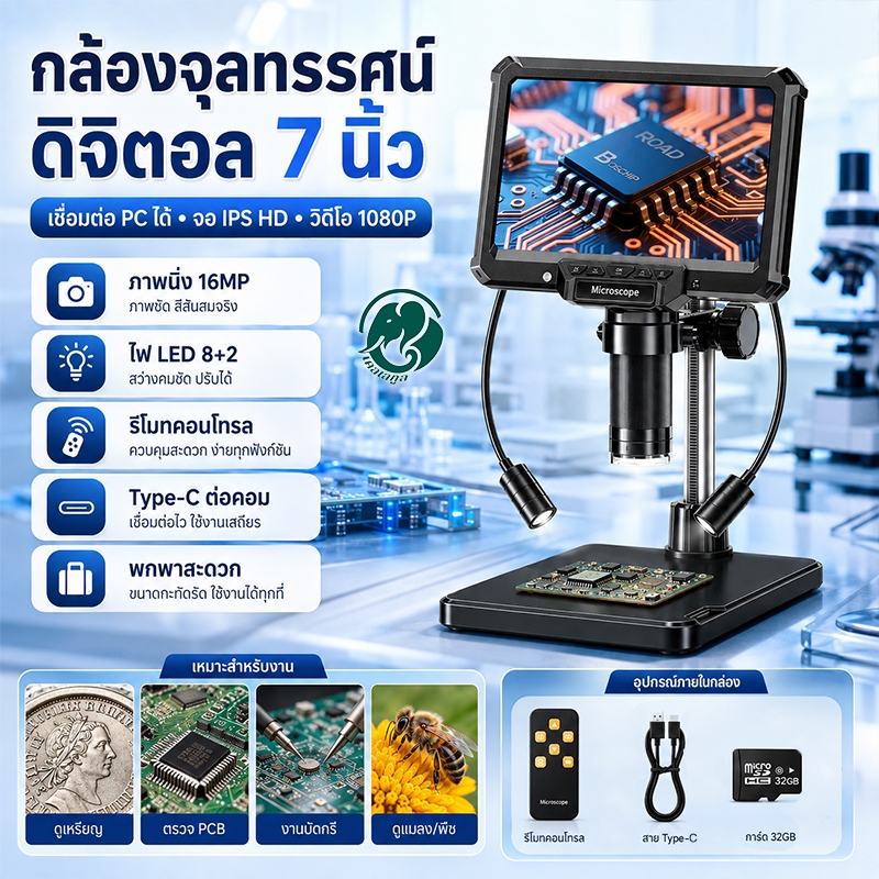 กล้องจุลทรรศน์ดิจิตอล 7 นิ้ว 1600X IPS 1080P 16MP พร้อมรีโมท ไฟ LED 8+2 ต่อคอม Type-C สำหรับ PCB เหร