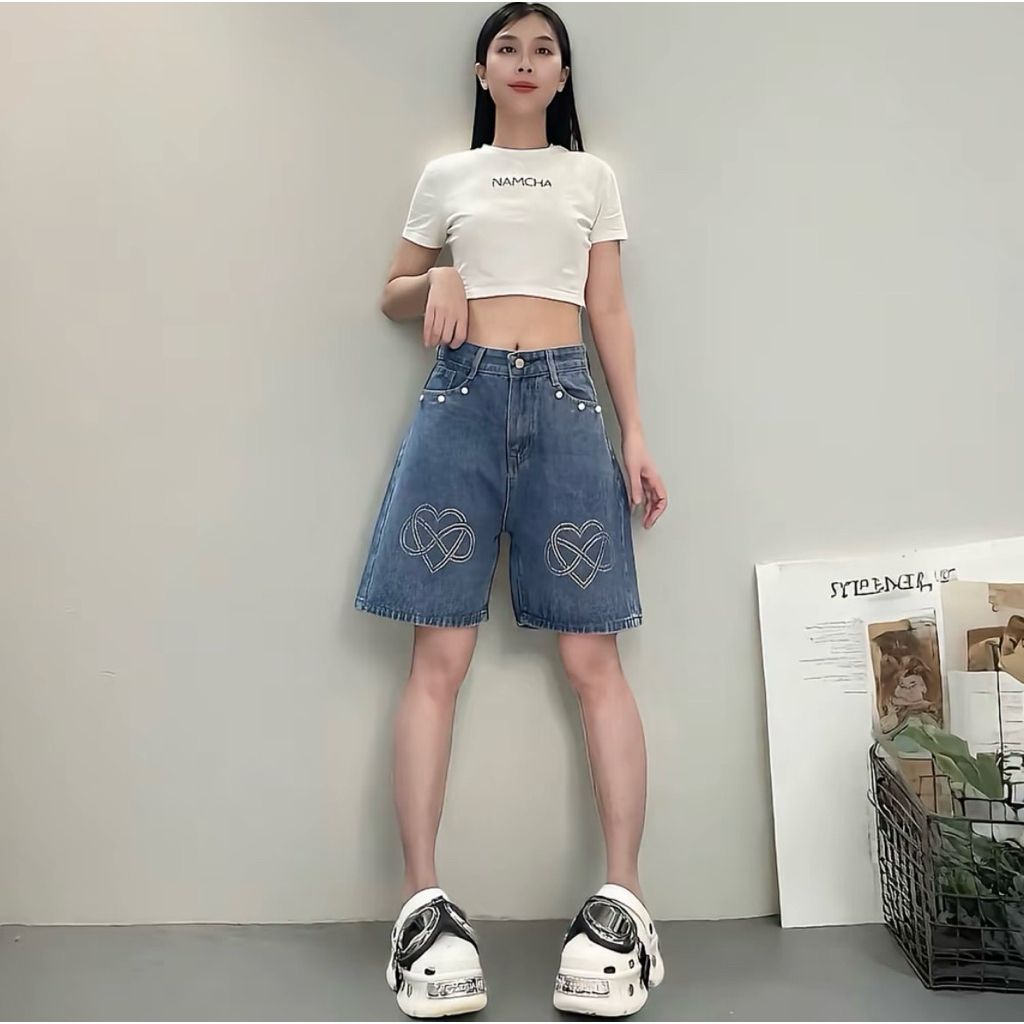 NAMCHA กางเกงยีนส์ L เอวสูงสามส่วน ของแม่ค้าเอง