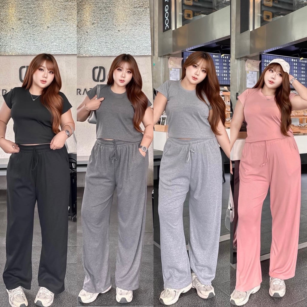 SET ชุดเซตคนอวบ เสื้อยืดสาวอวบ+กางเกงขายาวพลัสไซส์เนื้อผ้าวอร์ม เสื้อผ้าแฟชั่นสาวอวบสไตล์สุภาพ 100 โลใส่ได้ YY