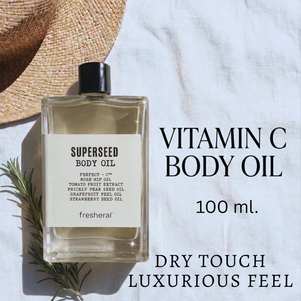 FRESHERAL Vit C BODY OIL บอดี้ออยล์ วิตามินซี ออยล์ทาผิวออร์แกนิค (แพนเค้ก เขมนิจ เลือกใช้) ผิวฉ่ำโกลว์ ซึมไว ไม่เหนียว