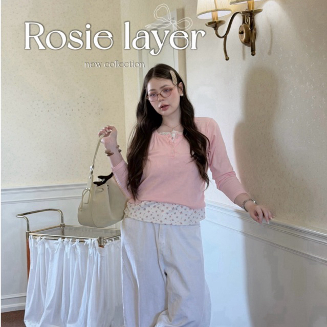 (พร้อมส่ง4-5วัน)Rosie Layer 🌷 เสื้อแขนยาวเลเยอร์ลายดอกแต่งลูกไม้ กระดุมหน้า สไตล์เกาหลี | Plus Size