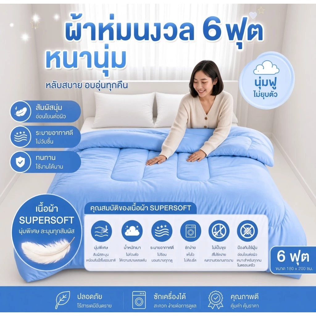 ผ้าห่มนวม ผ้าห่ม6ฟุต (งานสีพื้น)สัมผัสนุ่มลื่นผืนใหญ่หนานุ่มห่มสบายผ้าคอตตอนไม่ระคายเคืองต่อผิว ขนาด180*200cm.