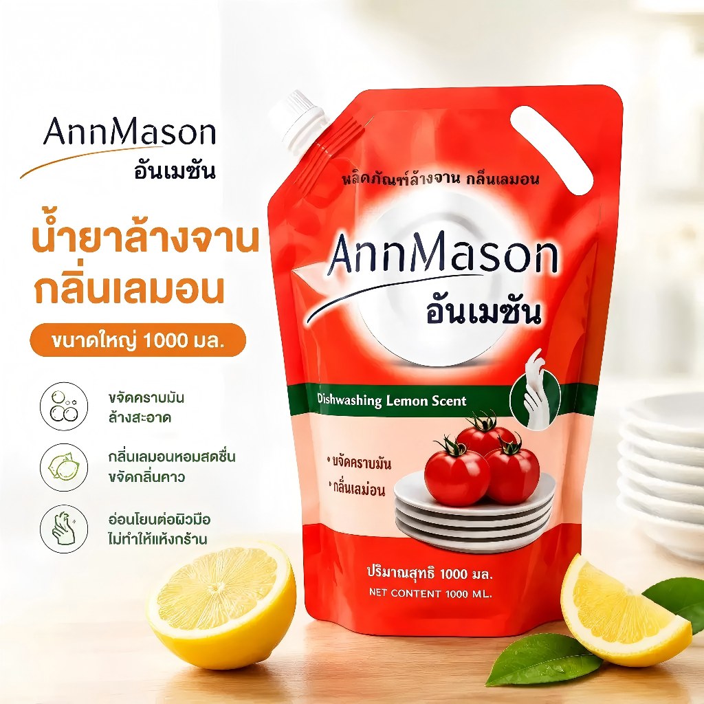 น้ำยาล้างจาน 1000ml กลิ่นเลมอน ขจัดคราบมันได้เร็ว ปลอดภัยต่อเด็กและครอบครัว บรรจุถุงเติม ประหยัดค่าใช้จ่าย AnnMason
